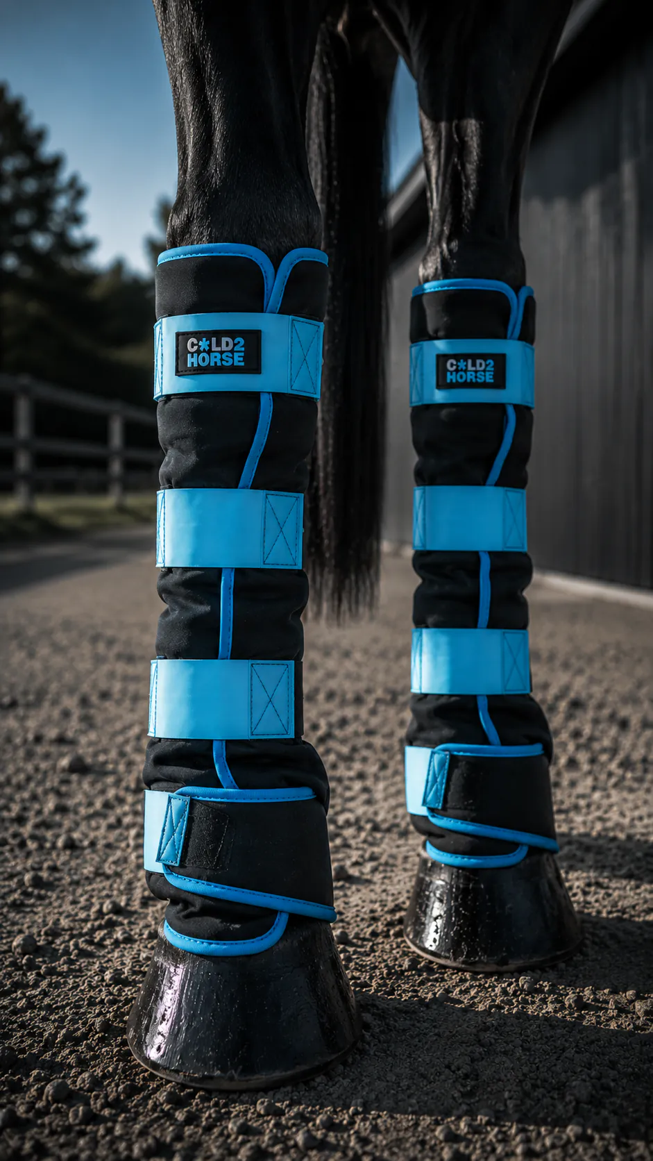 CryoBoots sobre las cañas de un caballo negro
