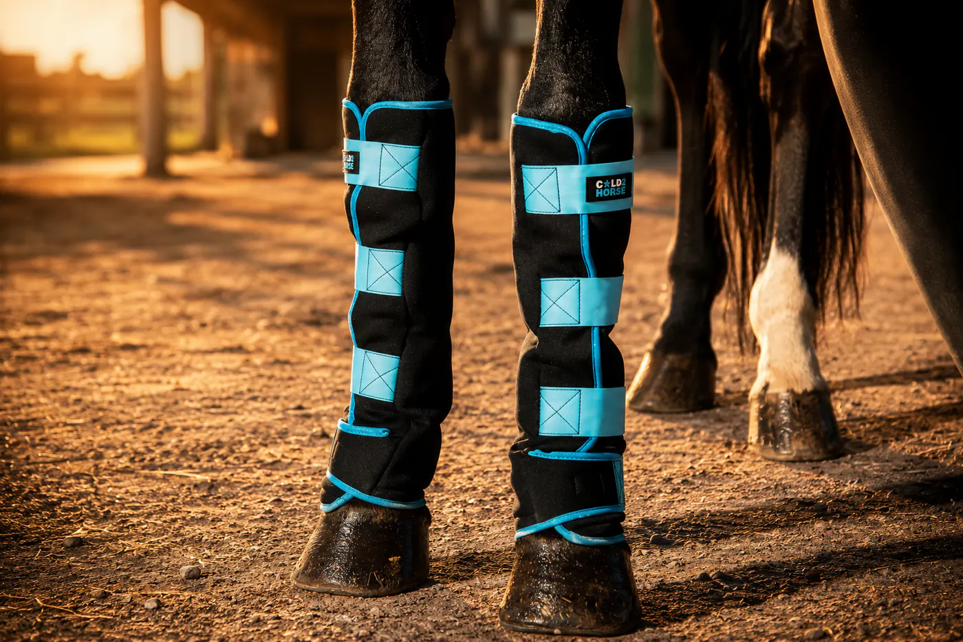 CryoBoots colocadas sobre las cañas de un caballo, a contraluz al atardecer