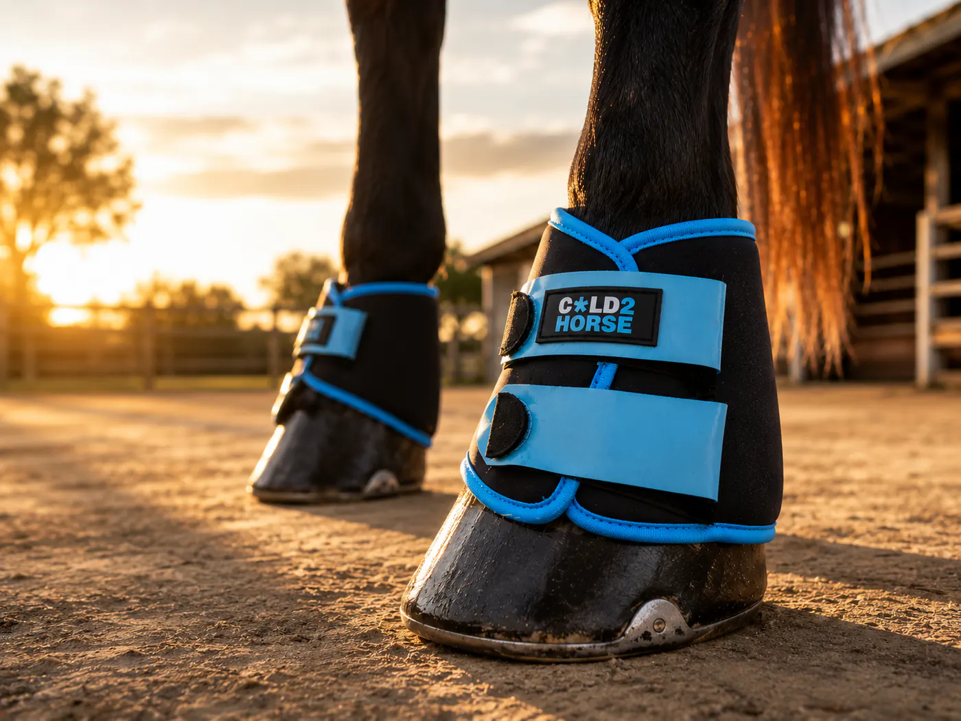 CryoBell Boots colocadas sobre los cascos de un caballo, a contraluz al atardecer