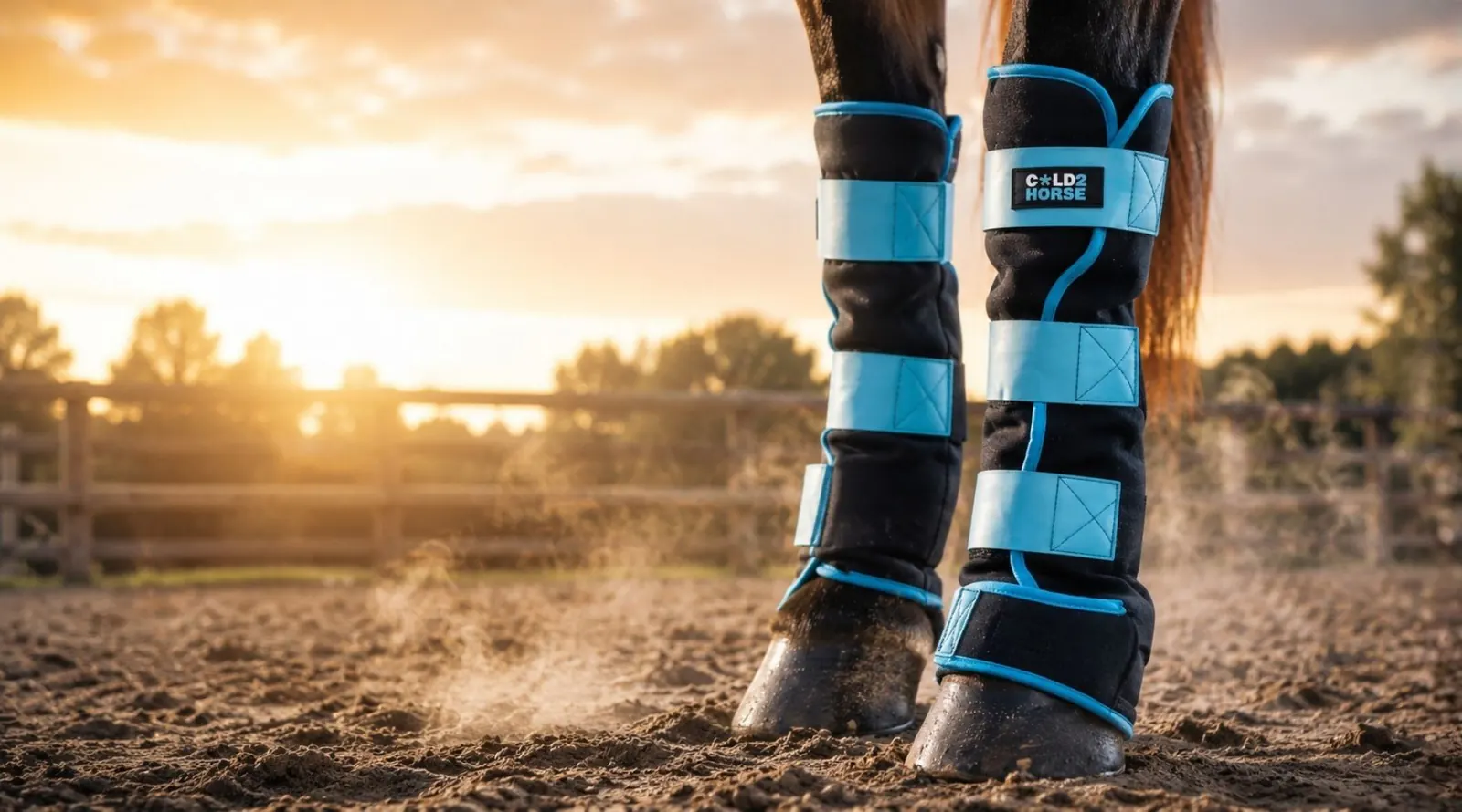 CryoBoots colocadas sobre las cañas de un caballo, a contraluz al atardecer