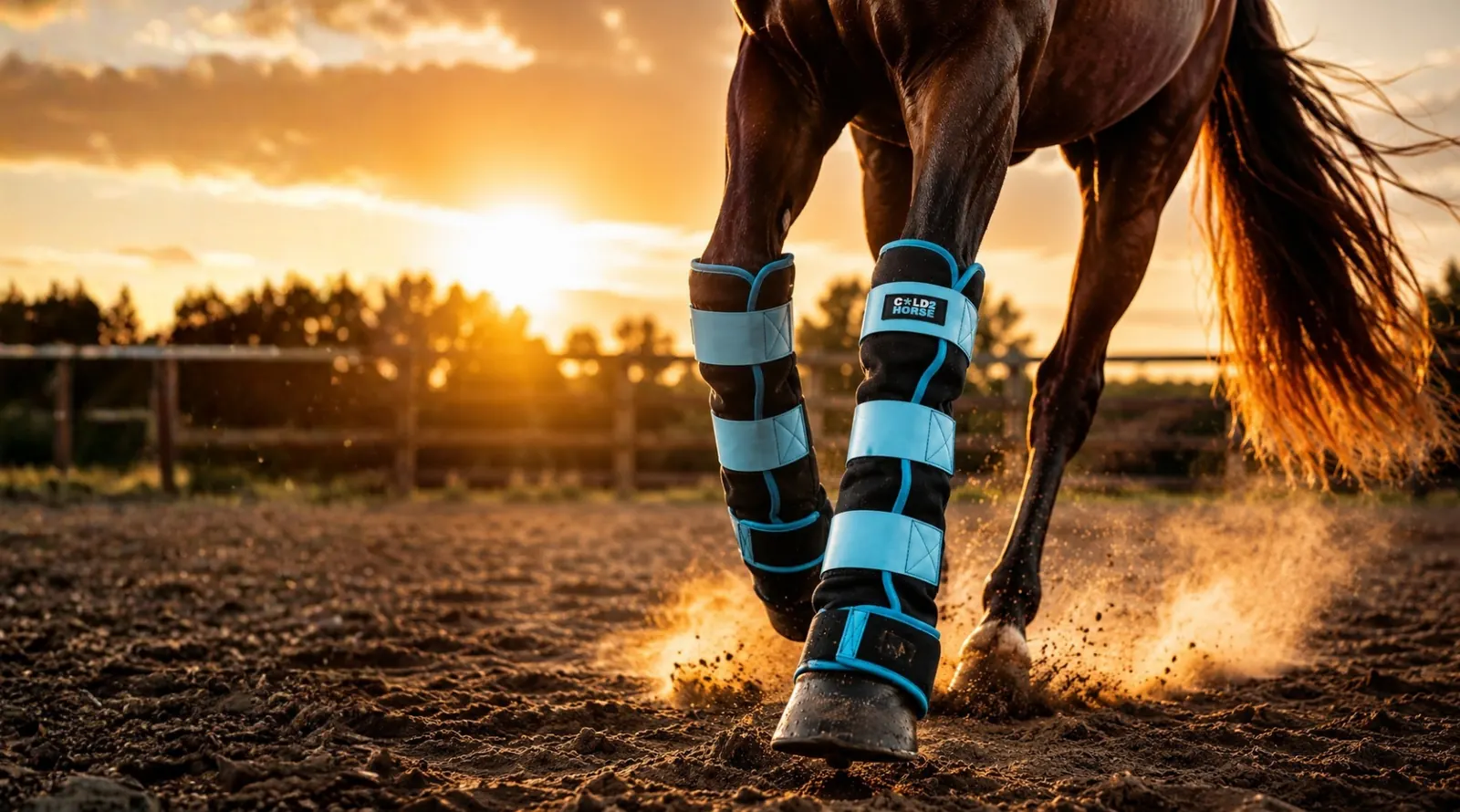 Caballo al trote con CryoBoots levantando arena a contraluz