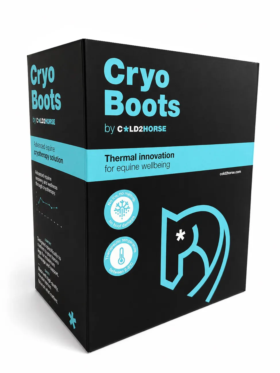 Caja de las CryoBoots, cara frontal negra con el nombre en cian
