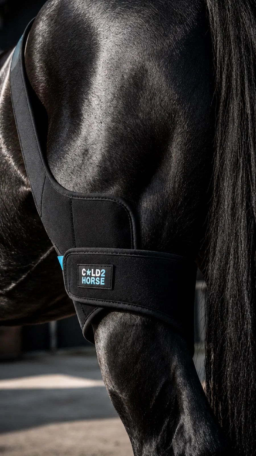 CryoStifle ajustado a la babilla de un caballo negro